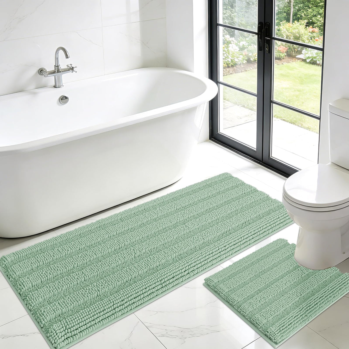 ACCUMTEK Christmas Striped Pink Bathroom Rug Set 3 Pieces Ultra Soft, Non Slip Chenille Toilet Mat, Absorbent Plush Shaggy Bath Mats for Bathroom, Bedroom, Kitchen