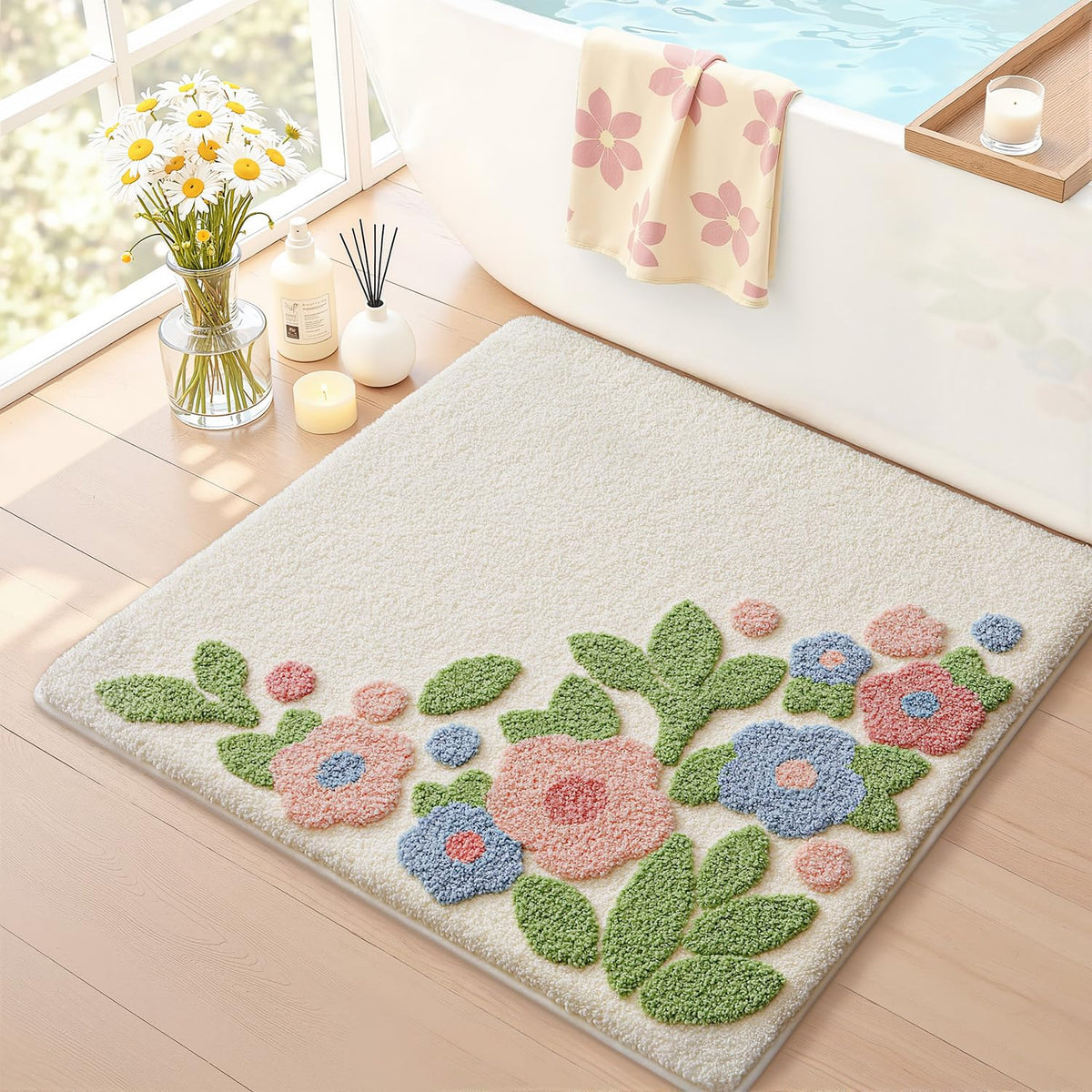 LUMI Square Beach Bathroom Rug 32x32, Soft Absorbent Bath Mat, Non Slip