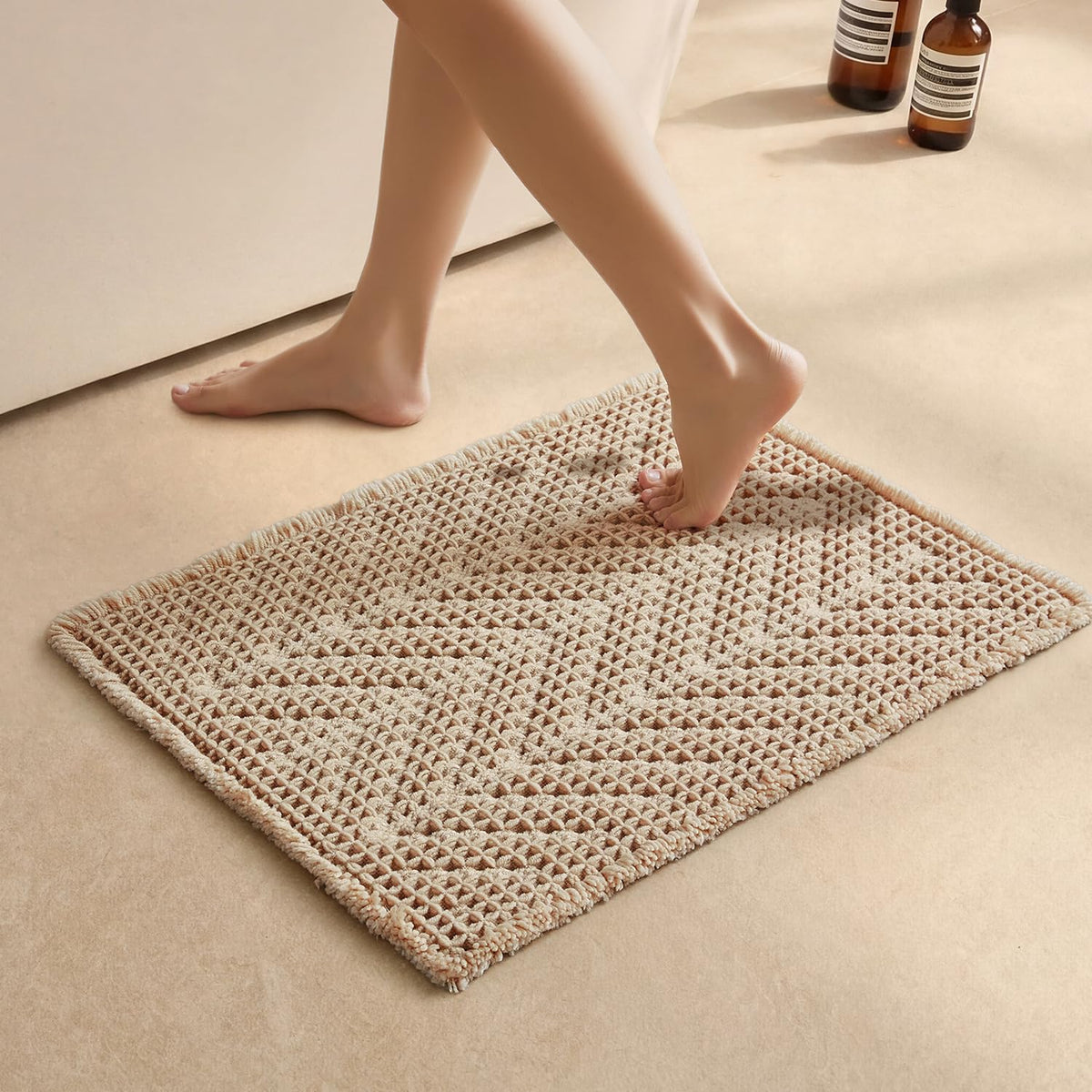 Sunfly Boho Herringbone Waffle Bath Mat, Ultra Soft Non-Slip Bathroom Rug - Super Absorbent & Quick Dry, Washable Bath Rug for Bathroom 16"x24" Taupe