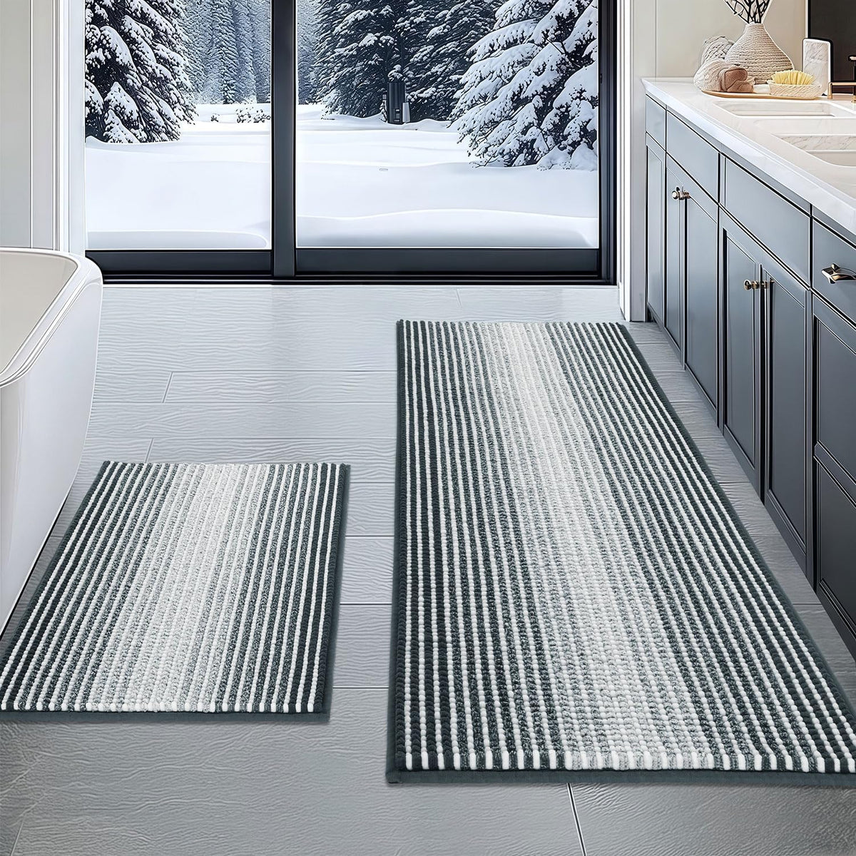 BSICPRO Large Chenille Bathroom Rugs Runner, 20x47 Striped Bath Mats, Beige