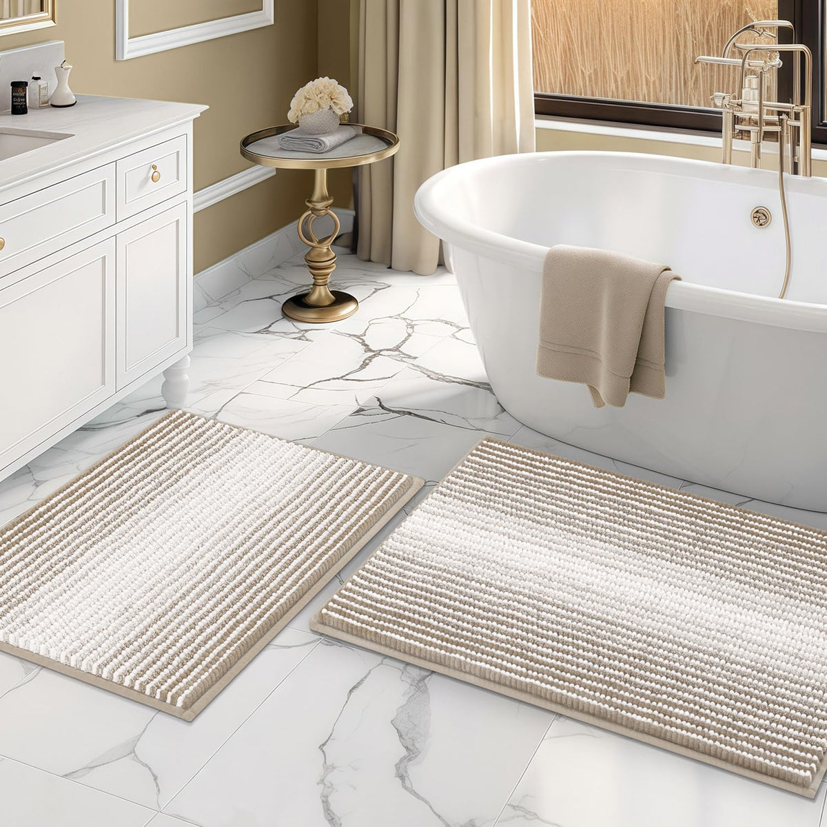 BSICPRO Large Chenille Bathroom Rugs Runner, 20x47 Striped Bath Mats, Beige