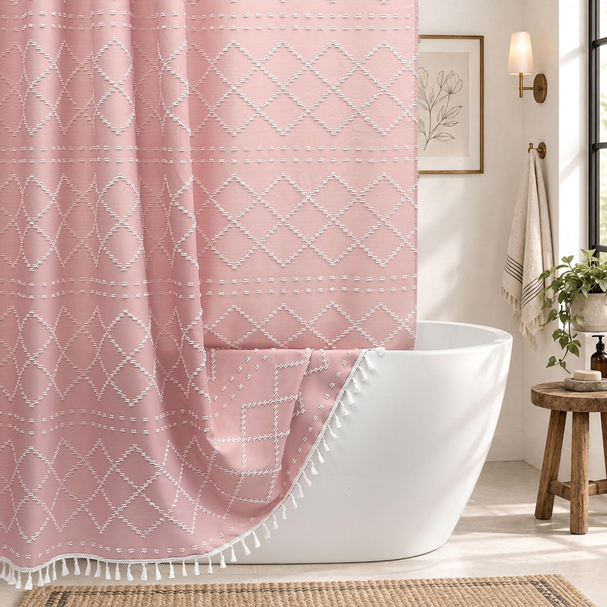 White Boho Shower Curtain Fabric Shower Curtains with Tassel 72 x 72 Modern Textured Shower Curtain Farmhouse Minimalist, Tufted Chevron Striped Shabby Chic, Water Resistant Cloth Curtain for Bathroom