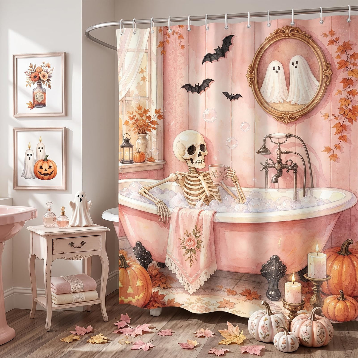 Halloween Shower Curtain 71x71in, Ghost Floral Bath Bathroom Decor