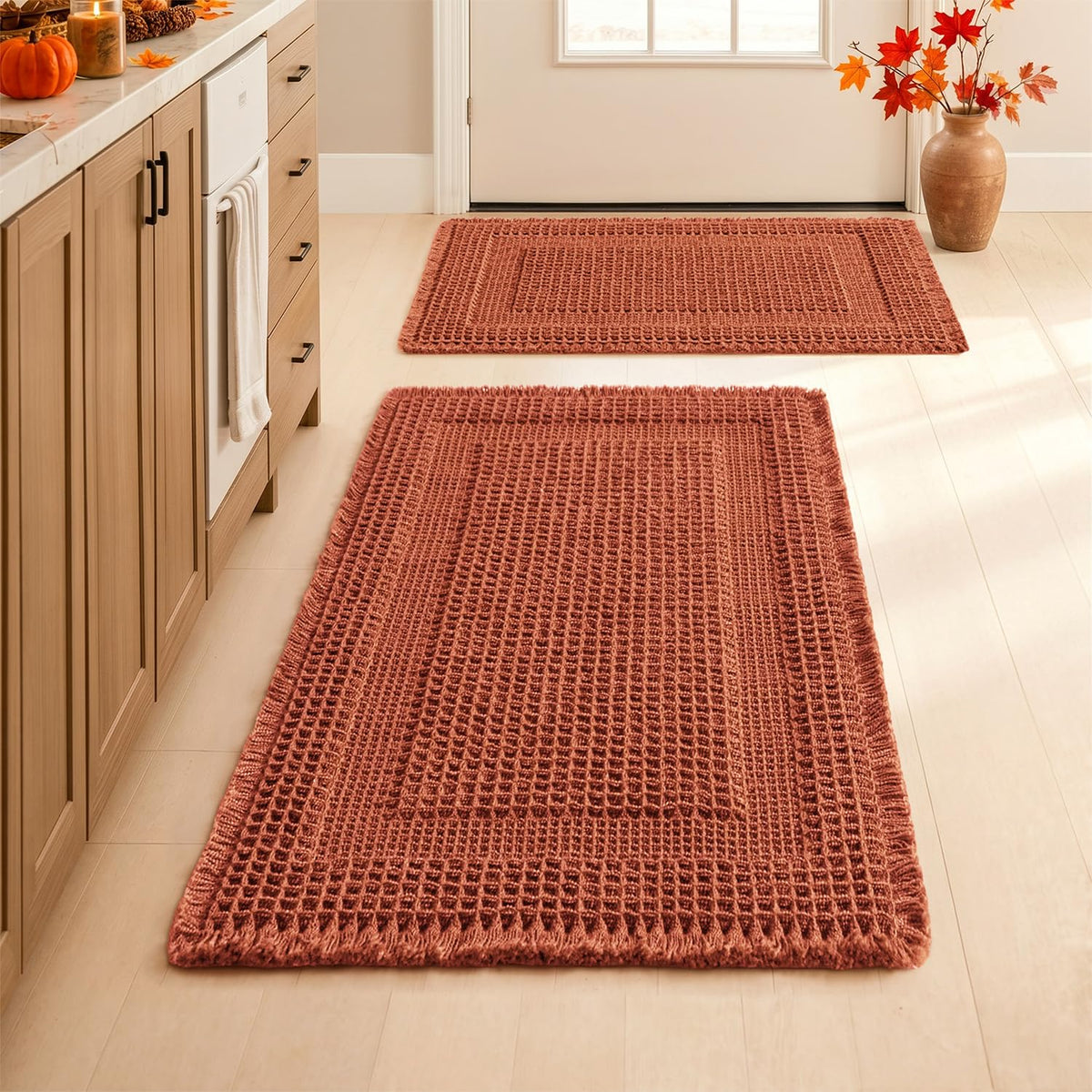 MIULEE Set of 2 Waffle Bathroom Rugs Brown&Cream Boho Bath Mat 17x24+18x30