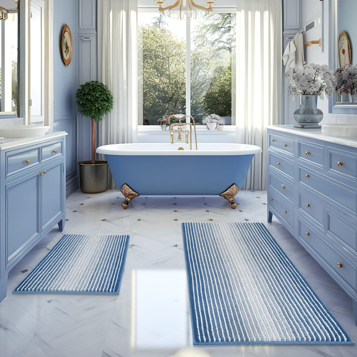 BSICPRO Large Chenille Bathroom Rugs Runner, 20x47 Striped Bath Mats, Beige