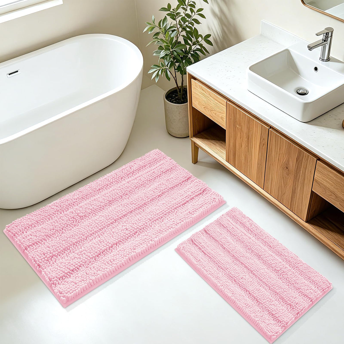ACCUMTEK Christmas Striped Pink Bathroom Rug Set 3 Pieces Ultra Soft, Non Slip Chenille Toilet Mat, Absorbent Plush Shaggy Bath Mats for Bathroom, Bedroom, Kitchen