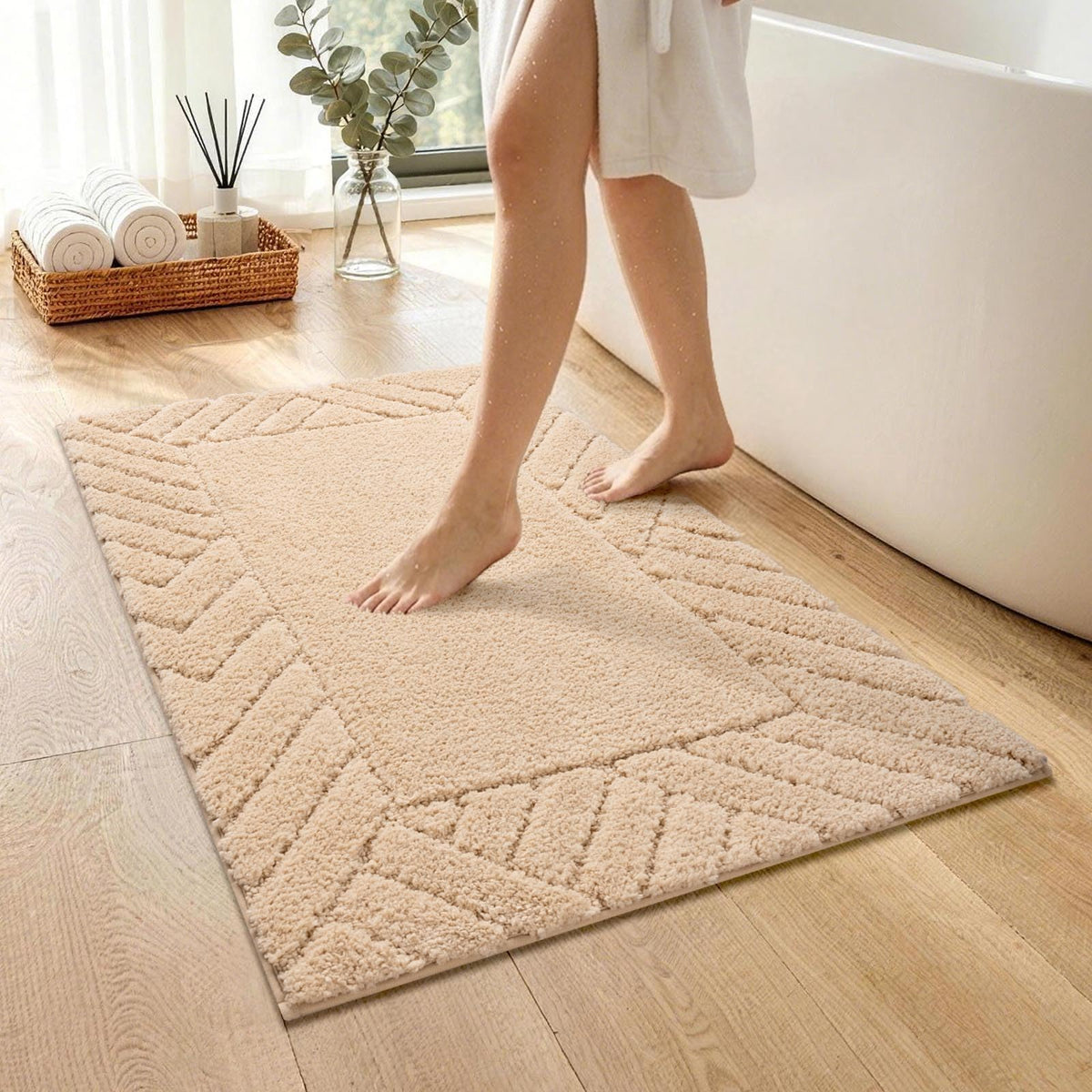 48x17 Long Bathroom Runner Rugs Beige, Non Slip Washable Bath Rugs