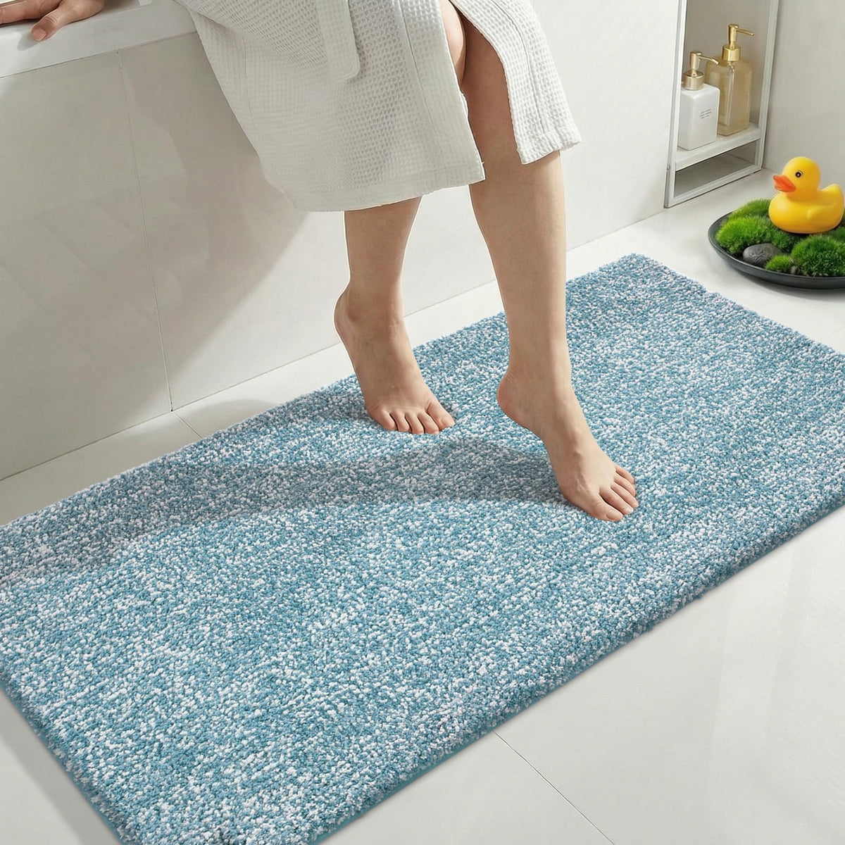 Yimobra Non Slip Machine Washable Bathroom Rug 32x20 Light Blue and White