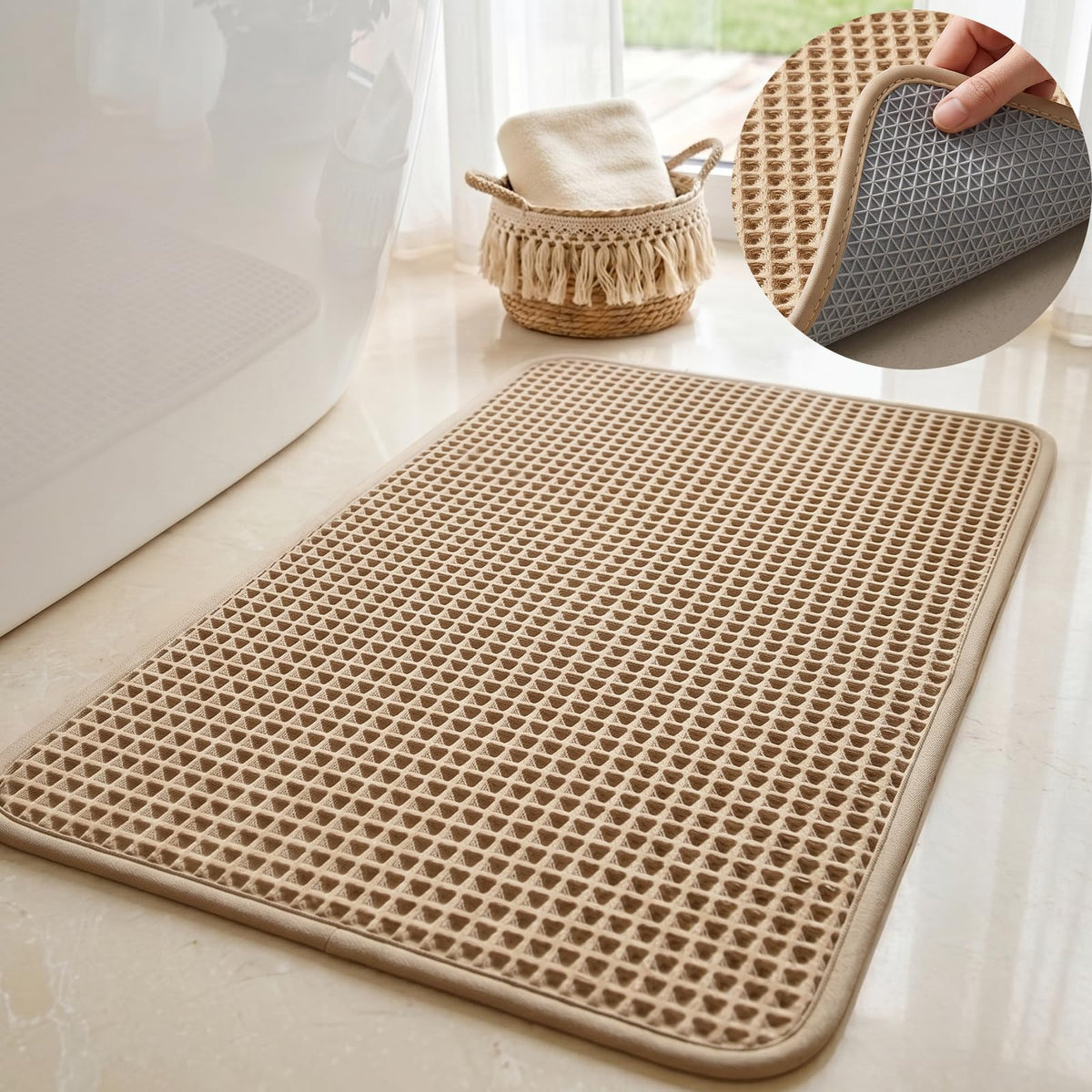 Furicher Waffle Bath Mat Set, Non Slip Bathroom Rugs 2 Piece, Brown & White