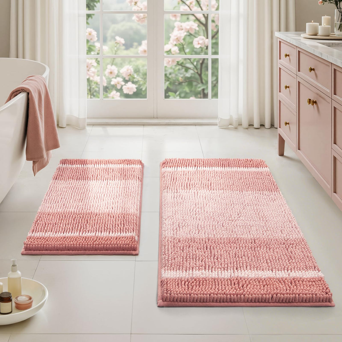 HOMEIDEAS Blue Bathroom Rugs Sets 2 Piece Chenille, 20"x32"+17"x24"