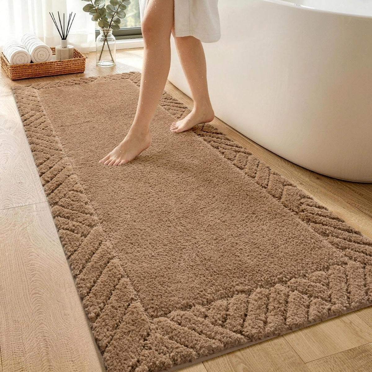 48x17 Long Bathroom Runner Rugs Beige, Non Slip Washable Bath Rugs