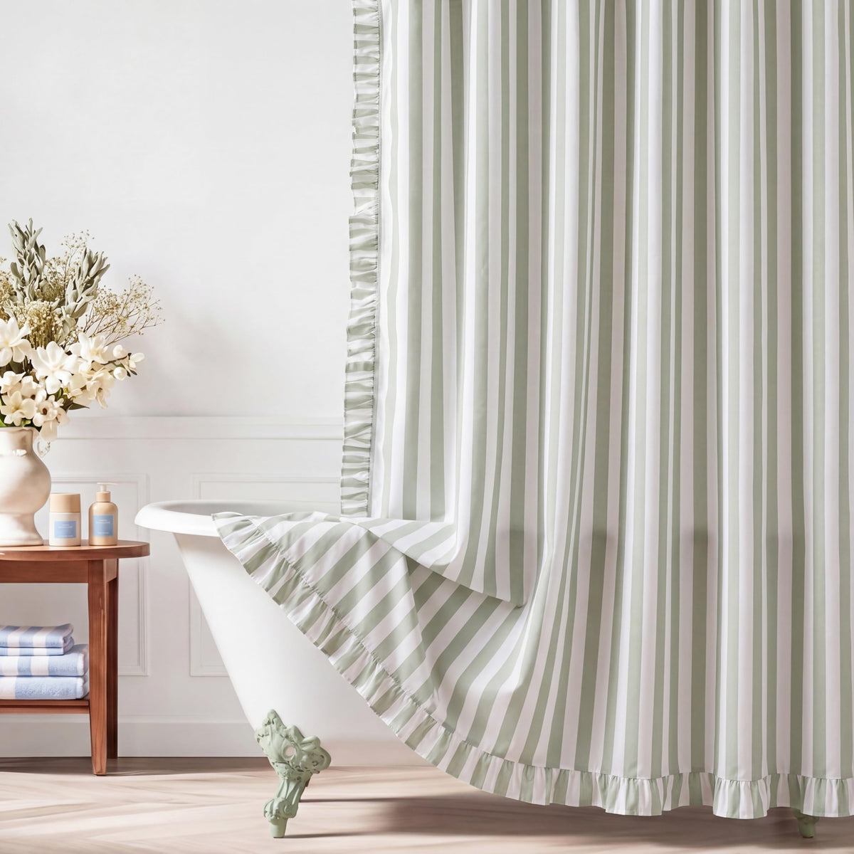 Pink Ruffled Striped Shower Curtain