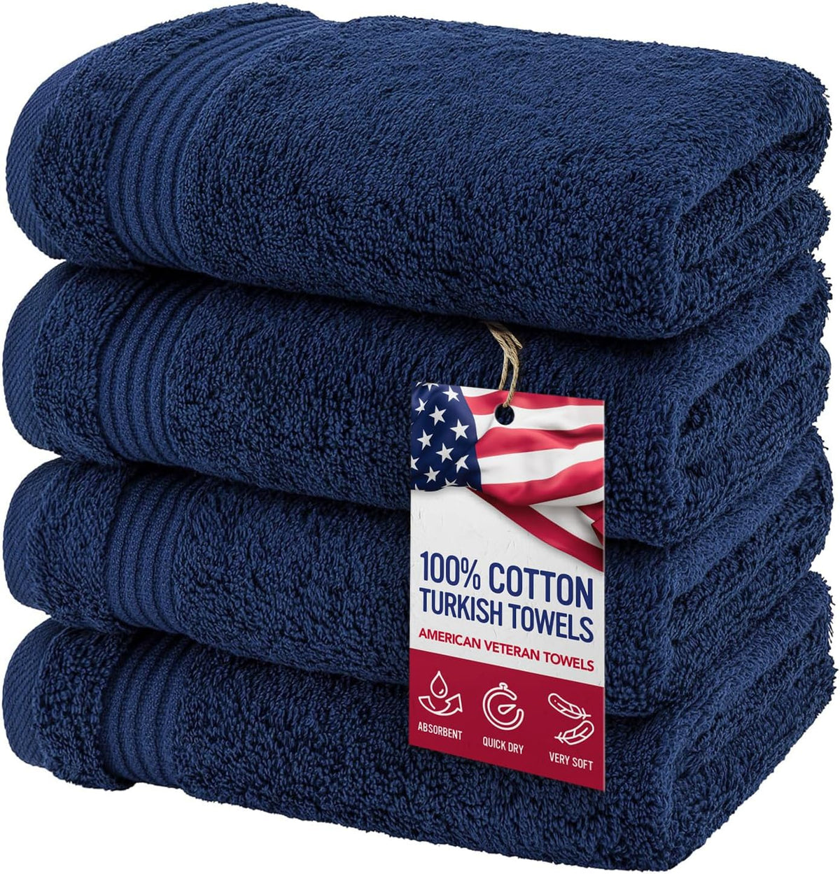 American Veteran Towel, Hand Towels for Bathroom Set of 4, 100% Cotton Turkish Hand Towel Sets, Soft Hand Face Towels, Navy Blue Hand Towels