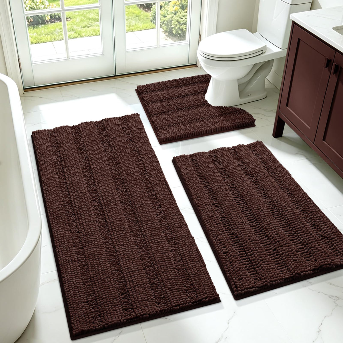 ACCUMTEK Christmas Striped Pink Bathroom Rug Set 3 Pieces Ultra Soft, Non Slip Chenille Toilet Mat, Absorbent Plush Shaggy Bath Mats for Bathroom, Bedroom, Kitchen