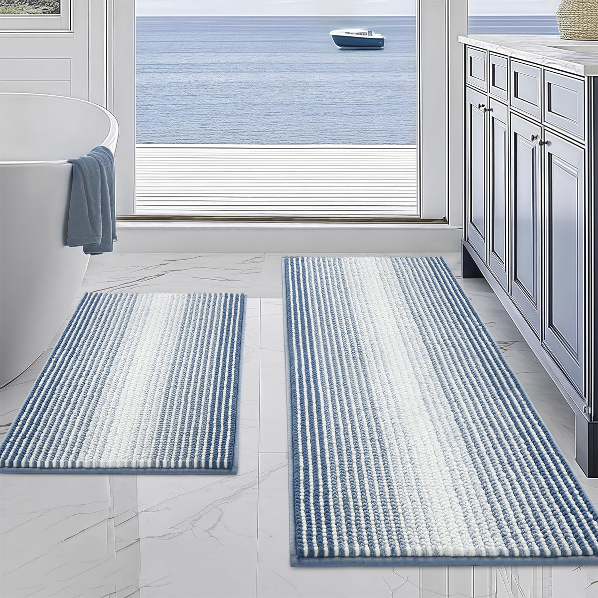 BSICPRO Large Chenille Bathroom Rugs Runner, 20x47 Striped Bath Mats, Beige