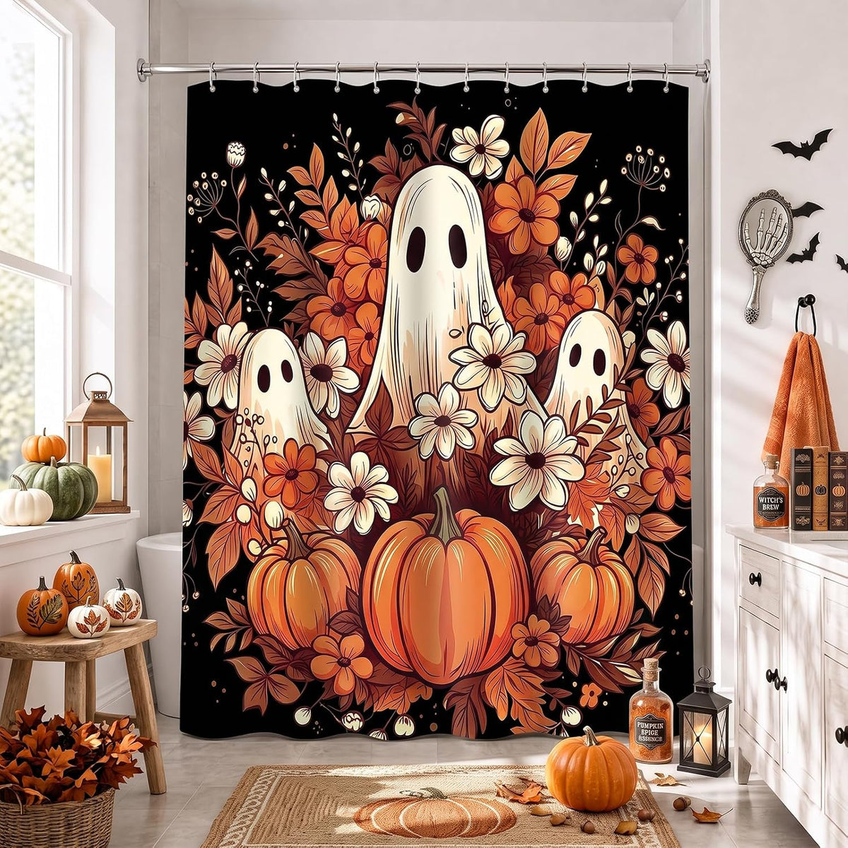 Halloween Shower Curtain 71x71in, Ghost Floral Bath Bathroom Decor