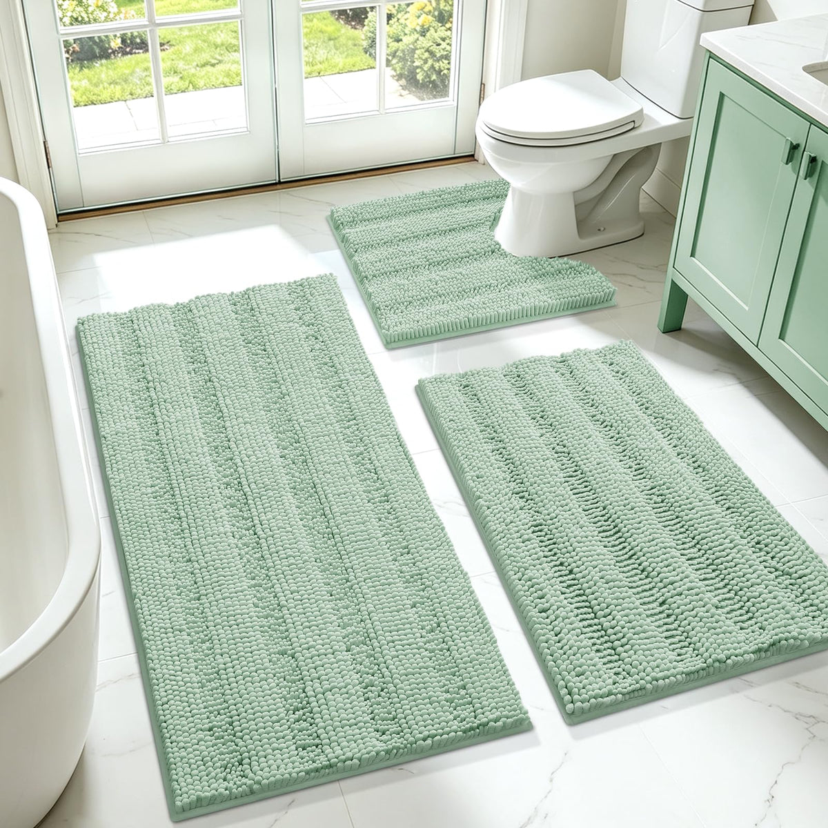 ACCUMTEK Christmas Striped Pink Bathroom Rug Set 3 Pieces Ultra Soft, Non Slip Chenille Toilet Mat, Absorbent Plush Shaggy Bath Mats for Bathroom, Bedroom, Kitchen