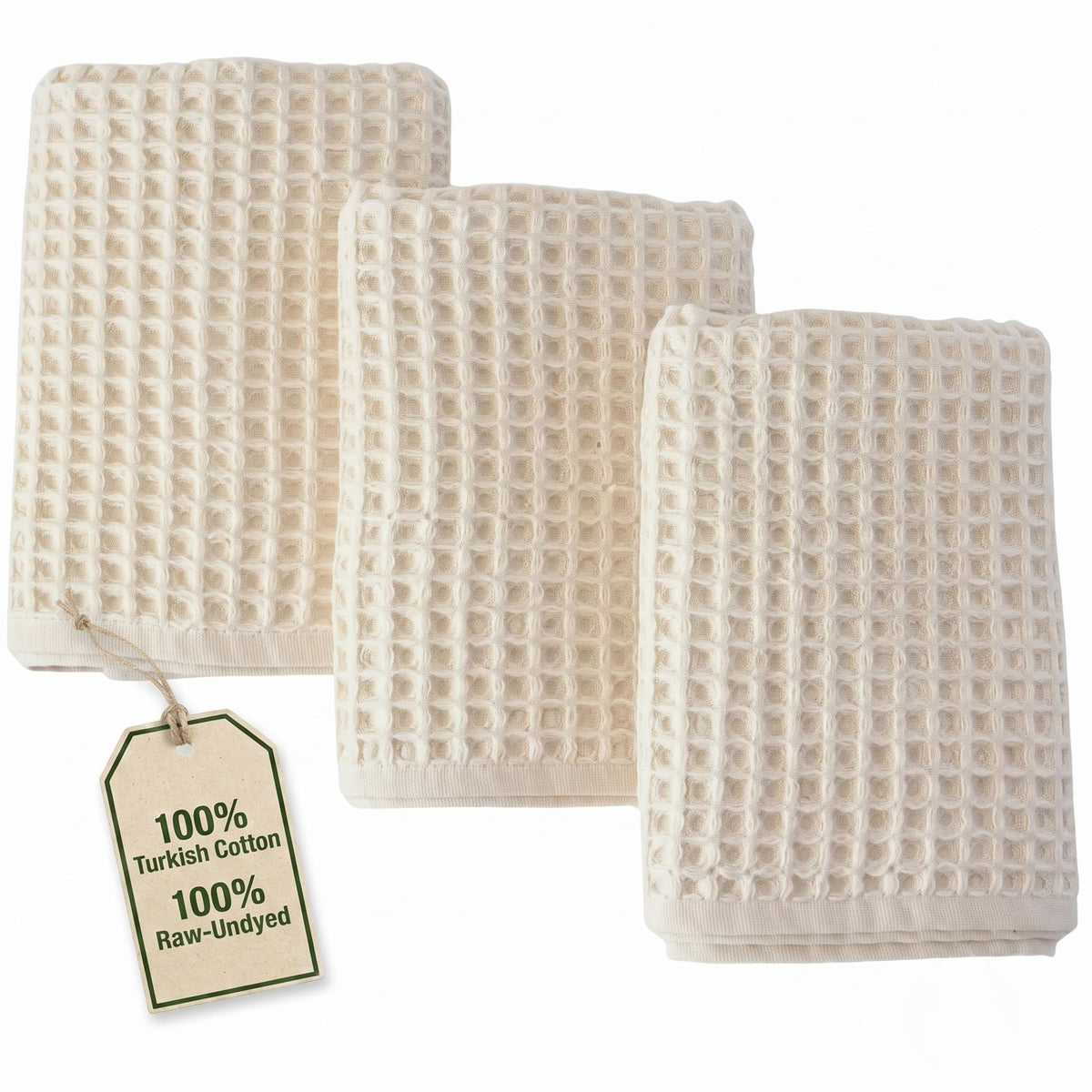 PÜSKÜL Natural 100% Turkish Cotton Waffle Hand and Kitchen Towels Set of 3