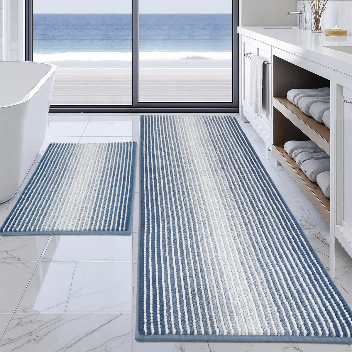 BSICPRO Large Chenille Bathroom Rugs Runner, 20x47 Striped Bath Mats, Beige