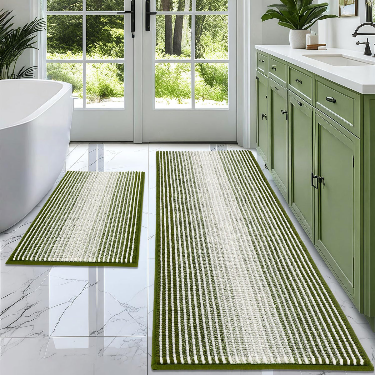 BSICPRO Large Chenille Bathroom Rugs Runner, 20x47 Striped Bath Mats, Beige