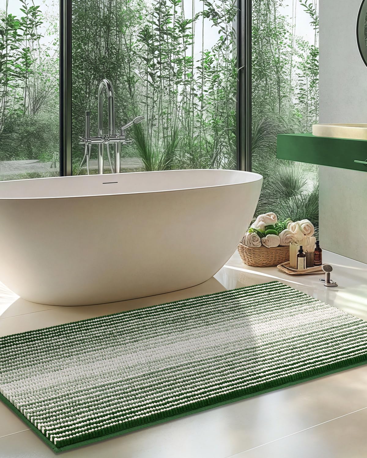 BSICPRO Large Chenille Bathroom Rugs Runner, 20x47 Striped Bath Mats, Beige