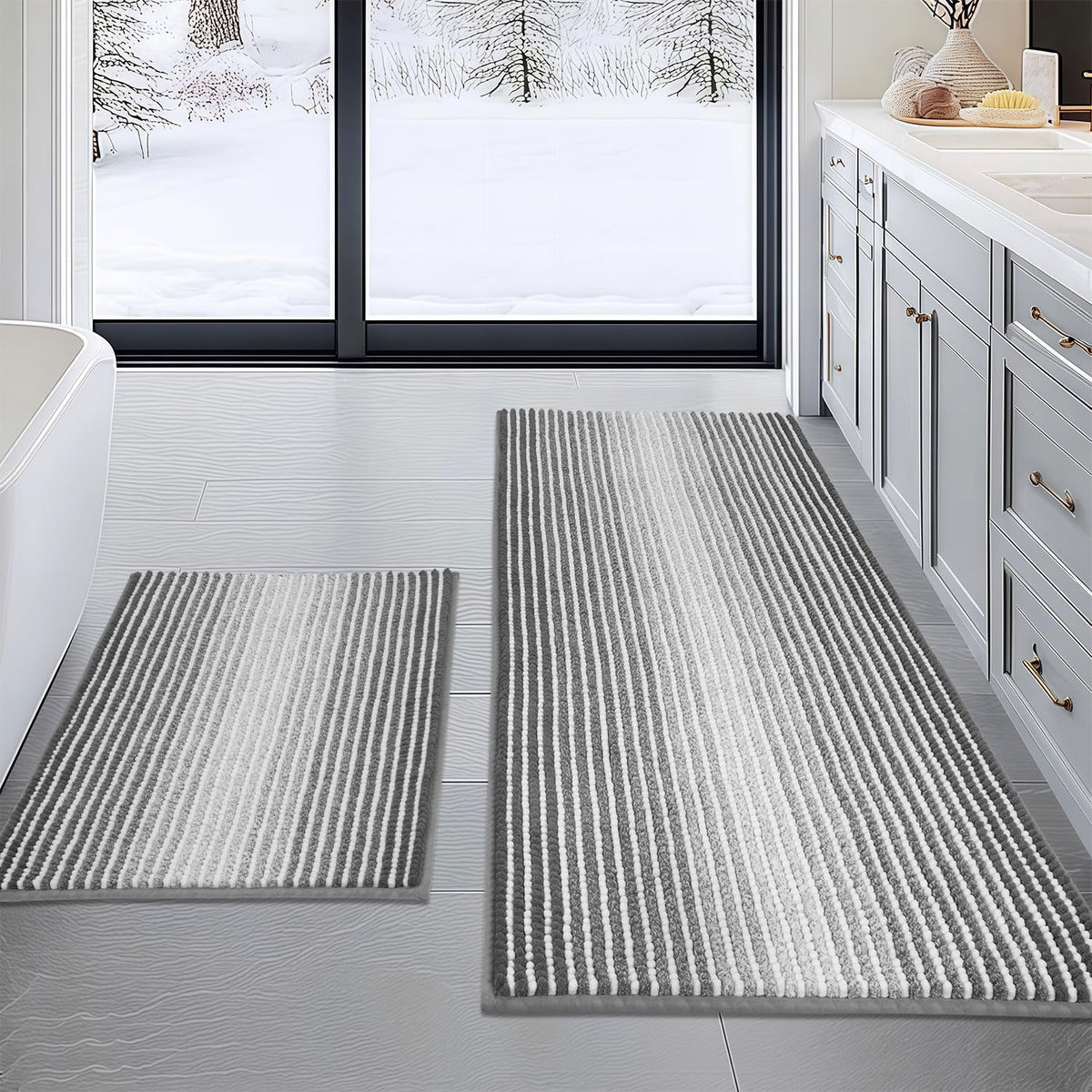 BSICPRO Large Chenille Bathroom Rugs Runner, 20x47 Striped Bath Mats, Beige