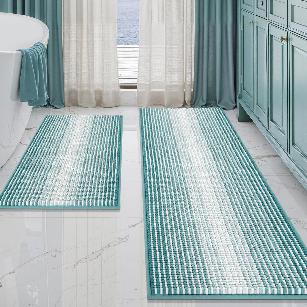 BSICPRO Large Chenille Bathroom Rugs Runner, 20x47 Striped Bath Mats, Beige