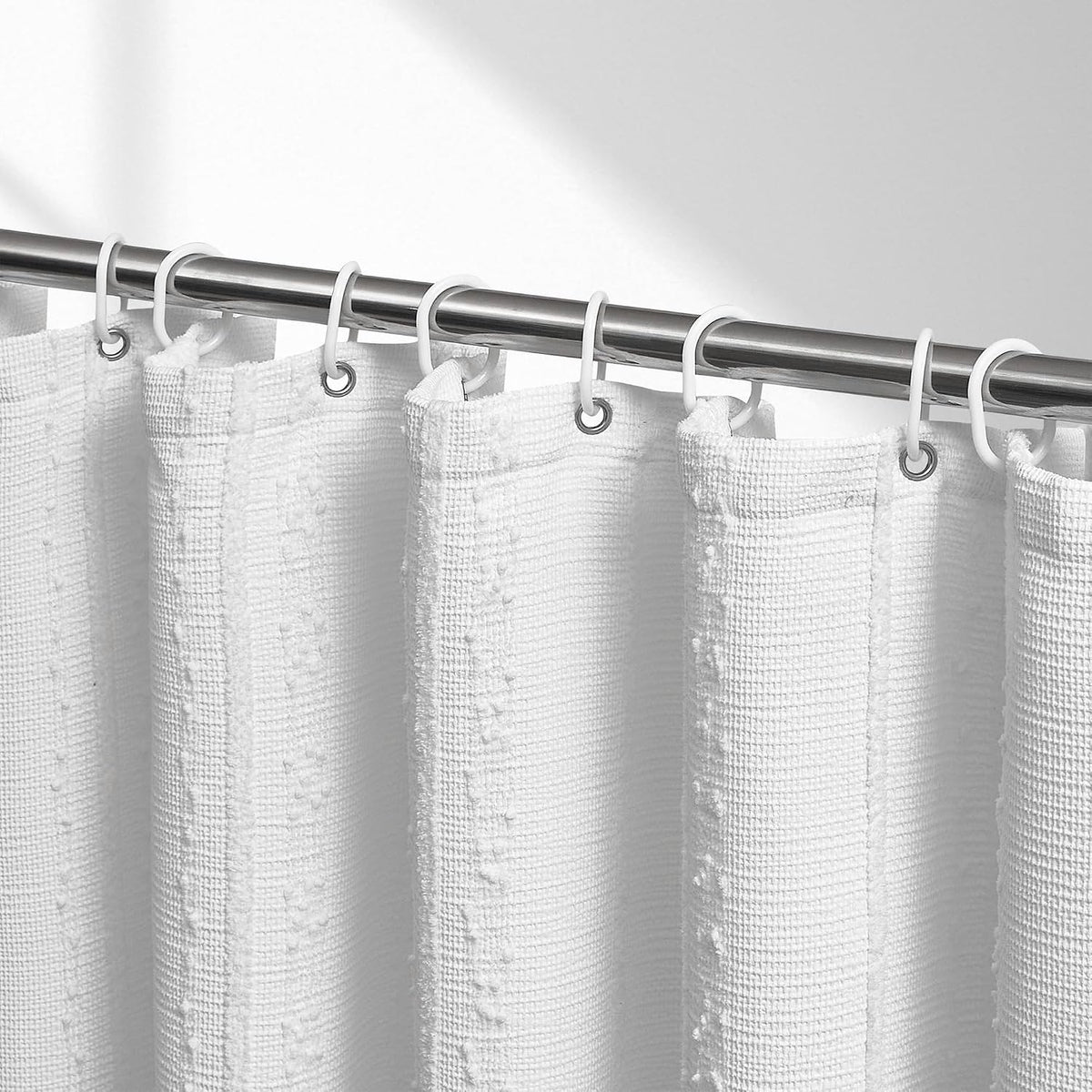 White Shower Curtain Boho, Textured Shower Curtain Cotton Blend Waffle Weave Stripe Fabric Shower Curtains for Bathroom, Hotel, Washable, 72 x 72