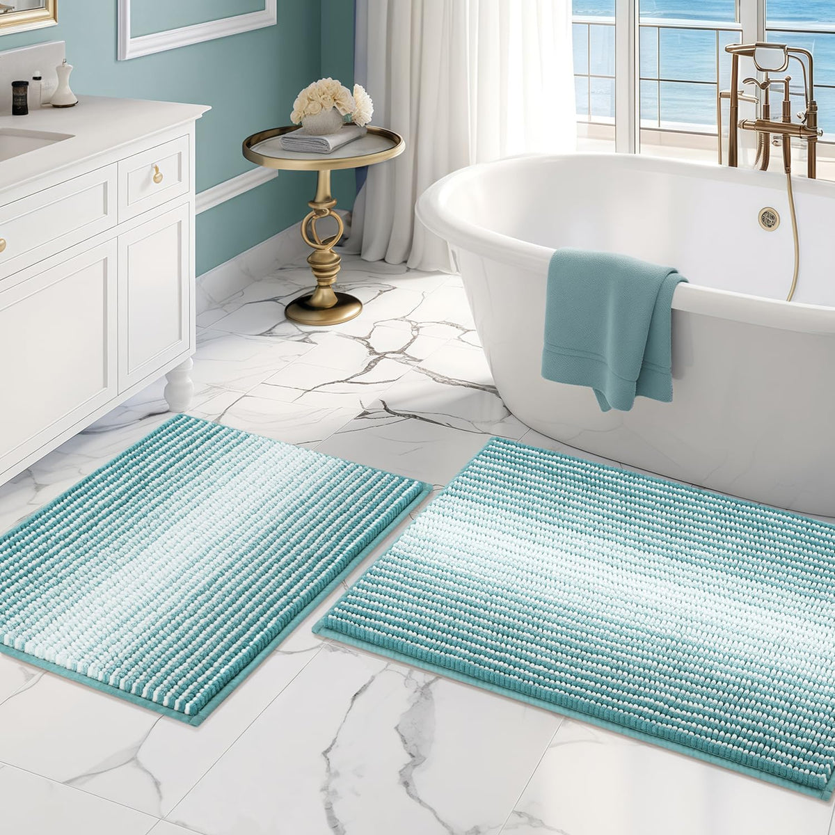 BSICPRO Large Chenille Bathroom Rugs Runner, 20x47 Striped Bath Mats, Beige