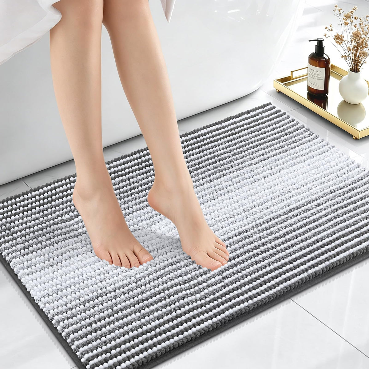 OLANLY Bathroom Rugs 30x20, Soft Chenille Striped Bath Rugs, Grey