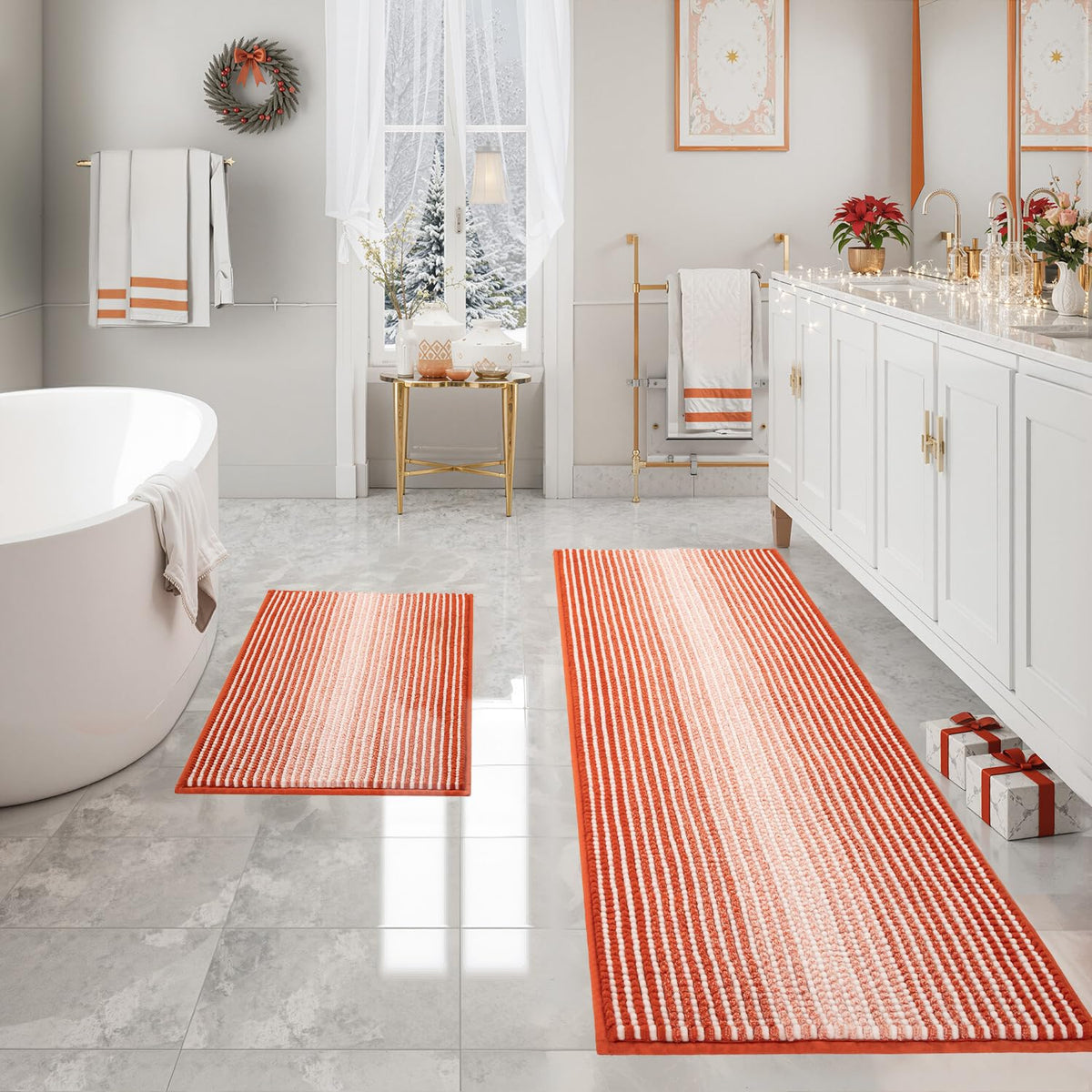 BSICPRO Large Chenille Bathroom Rugs Runner, 20x47 Striped Bath Mats, Beige