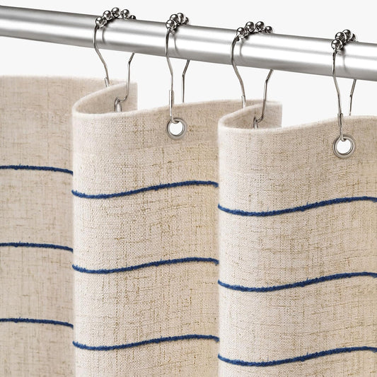 Striped Linen Shower Curtain for Bathroom, Navy Blue and Beige 72 W x 72 H
