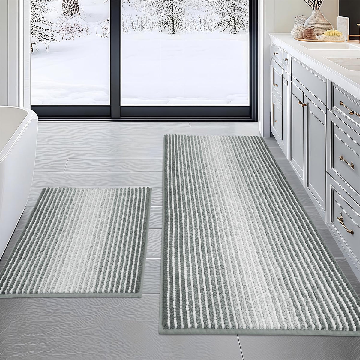 BSICPRO Large Chenille Bathroom Rugs Runner, 20x47 Striped Bath Mats, Beige