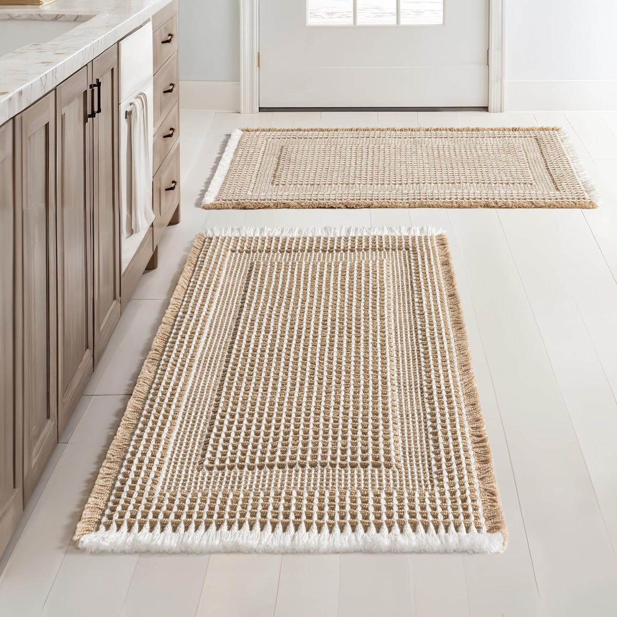 MIULEE Set of 2 Waffle Bathroom Rugs Brown&Cream Boho Bath Mat 17x24+18x30