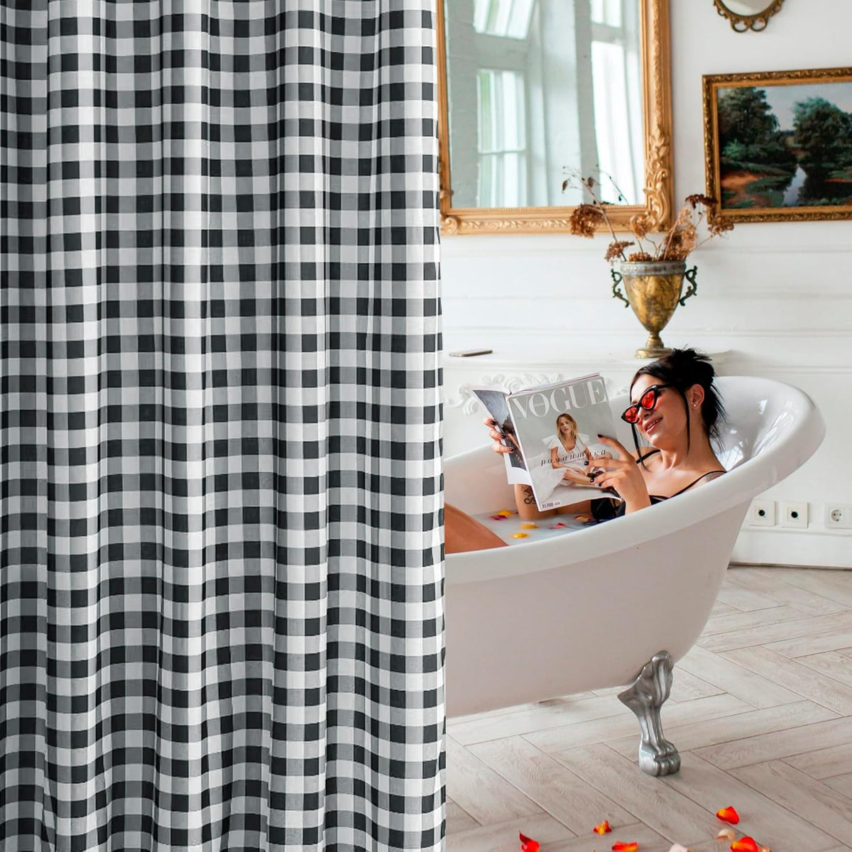 Fabric Shower Curtain-Black & White Farmhouse Shower Curtains for Bathroom