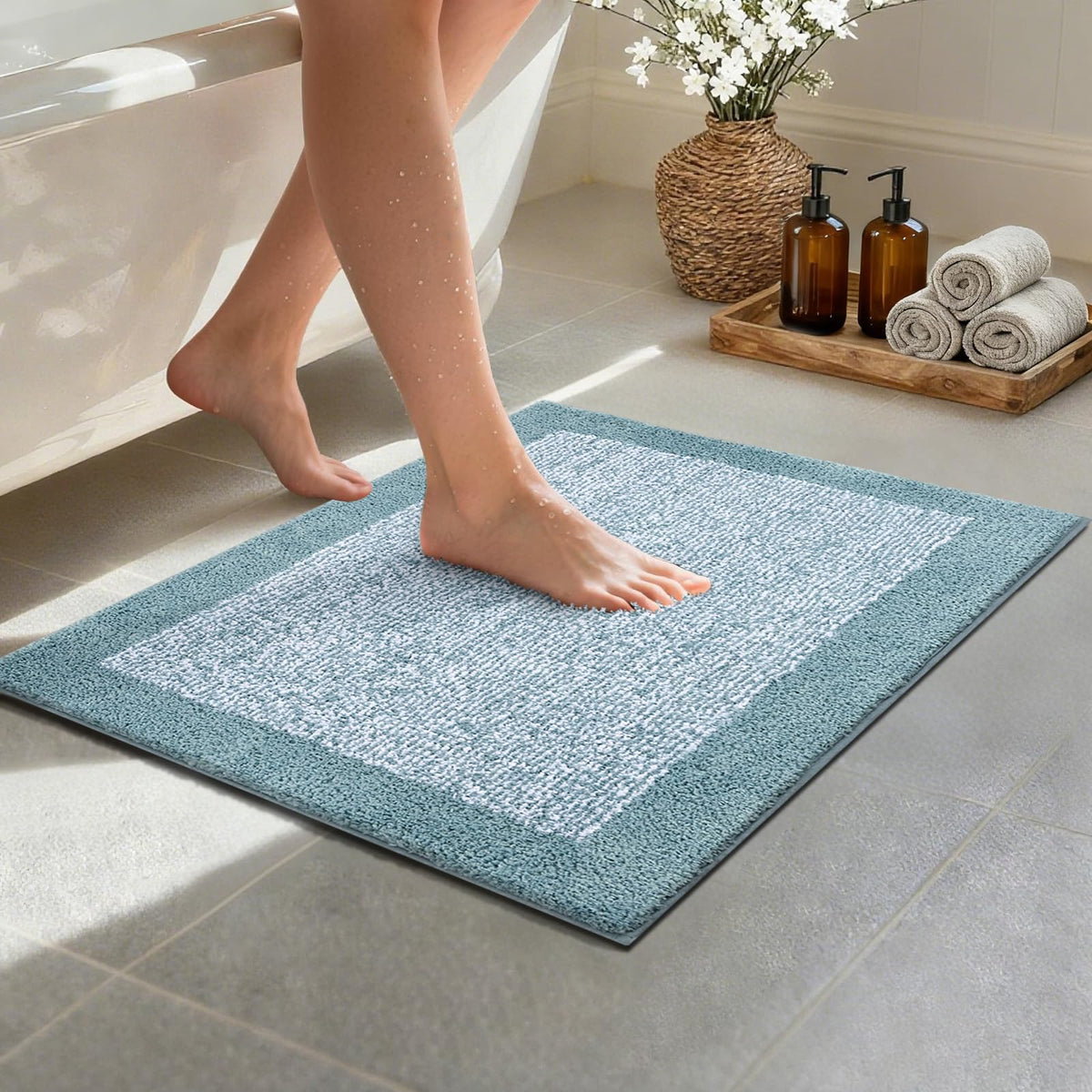 48x24 Long Bathroom Rugs Non Slip Washable, Soft Absorbent Bath Mat Blue