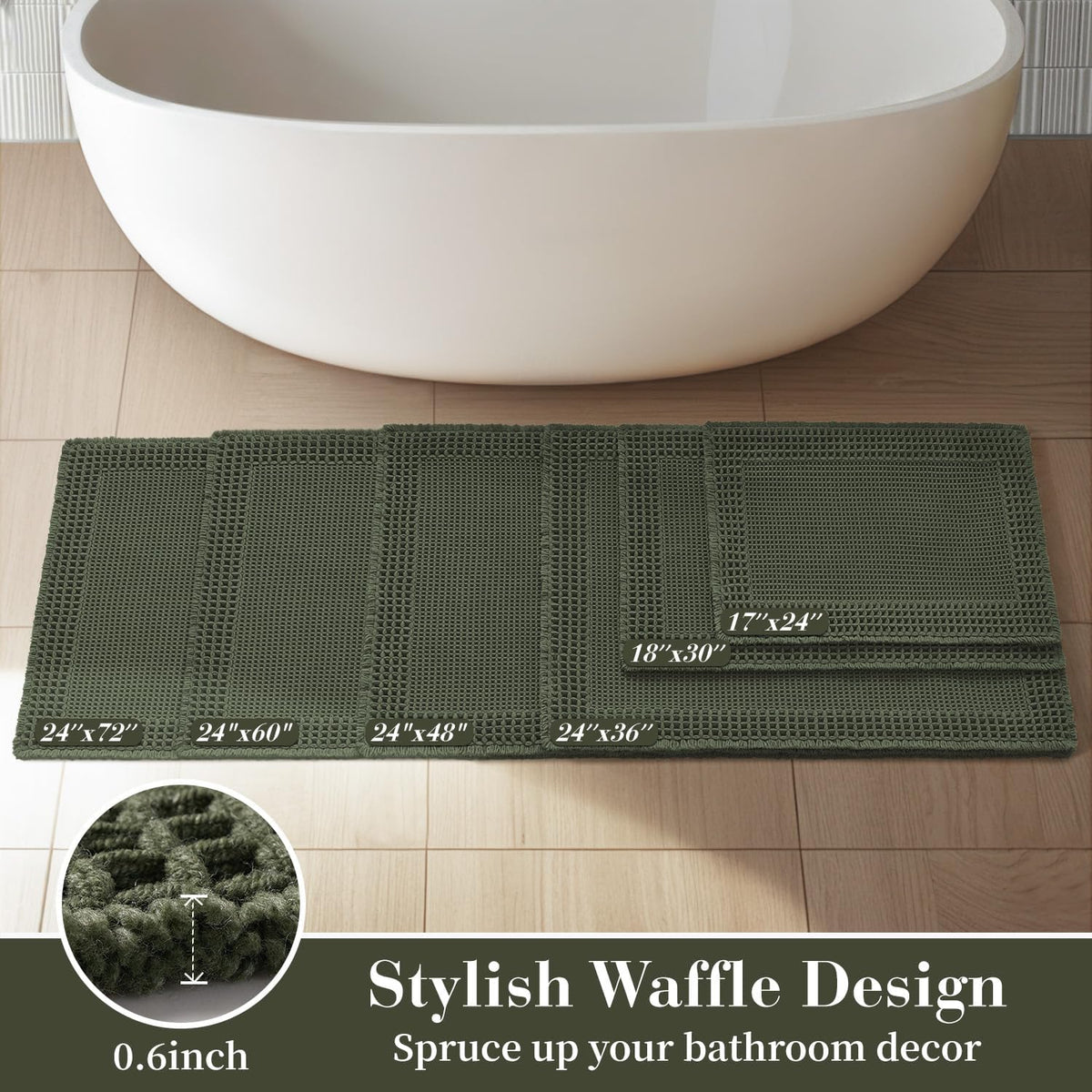 RESARE Waffle Bath Mat for Bathroom, Non Slip Bathroom Rugs 17"x24" Green