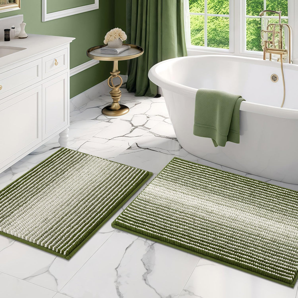 BSICPRO Large Chenille Bathroom Rugs Runner, 20x47 Striped Bath Mats, Beige