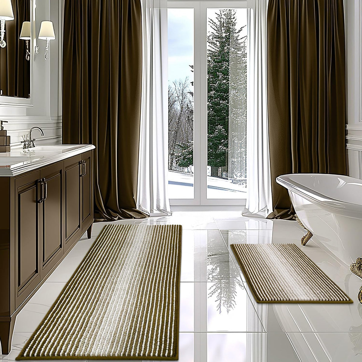 BSICPRO Large Chenille Bathroom Rugs Runner, 20x47 Striped Bath Mats, Beige