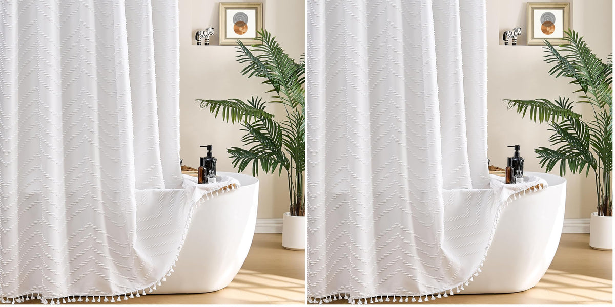 Siiluminisoy Boho Shower Curtain with Tassel Woven Fabric Olive Green Shower Curtain 72 x 72 Modern Farmhouse Textured Tufted Chevron Striped Minimalist Bathroom Shower Curtains