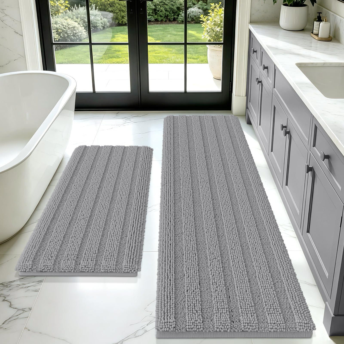 ACCUMTEK Christmas Striped Pink Bathroom Rug Set 3 Pieces Ultra Soft, Non Slip Chenille Toilet Mat, Absorbent Plush Shaggy Bath Mats for Bathroom, Bedroom, Kitchen