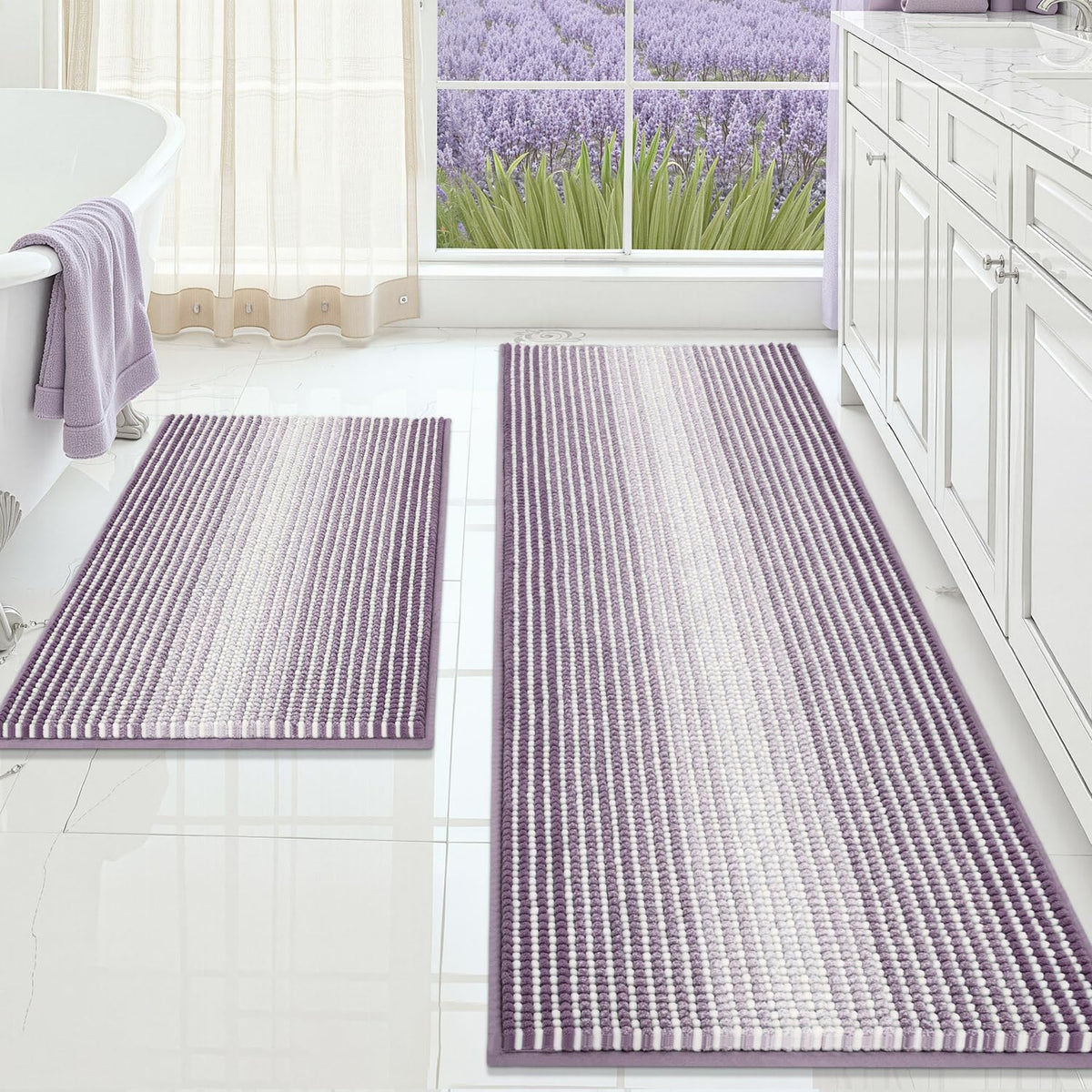 BSICPRO Large Chenille Bathroom Rugs Runner, 20x47 Striped Bath Mats, Beige