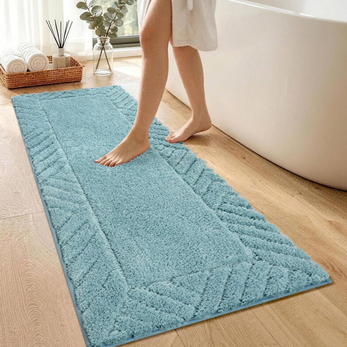 48x17 Long Bathroom Runner Rugs Beige, Non Slip Washable Bath Rugs