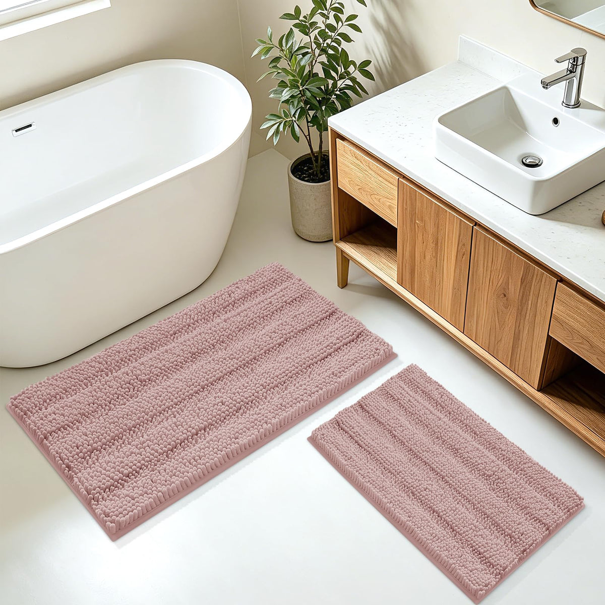 ACCUMTEK Christmas Striped Pink Bathroom Rug Set 3 Pieces Ultra Soft, Non Slip Chenille Toilet Mat, Absorbent Plush Shaggy Bath Mats for Bathroom, Bedroom, Kitchen