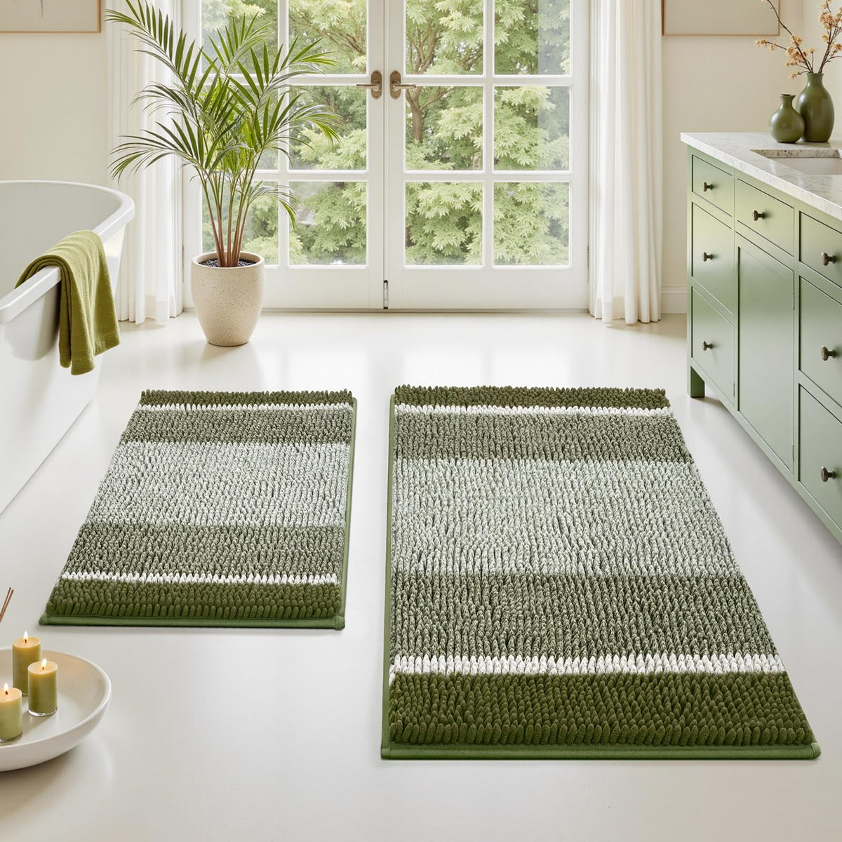 HOMEIDEAS Blue Bathroom Rugs Sets 2 Piece Chenille, 20"x32"+17"x24"