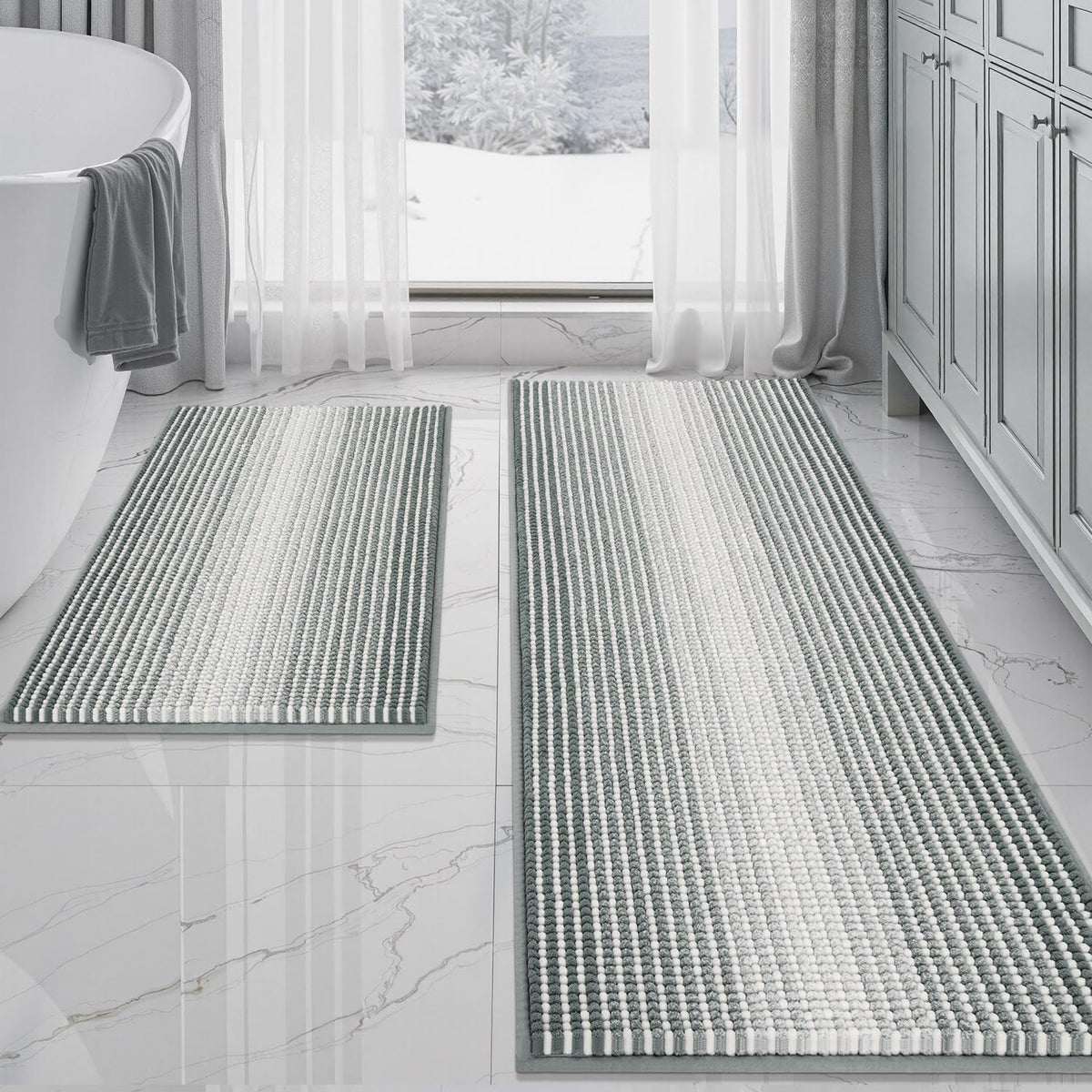 BSICPRO Large Chenille Bathroom Rugs Runner, 20x47 Striped Bath Mats, Beige