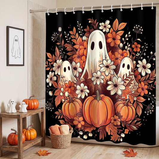 Halloween Shower Curtain 71x71in, Ghost Floral Bath Bathroom Decor