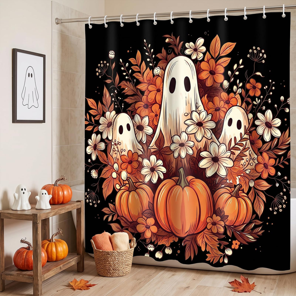 Halloween Shower Curtain 71x71in, Ghost Floral Bath Bathroom Decor