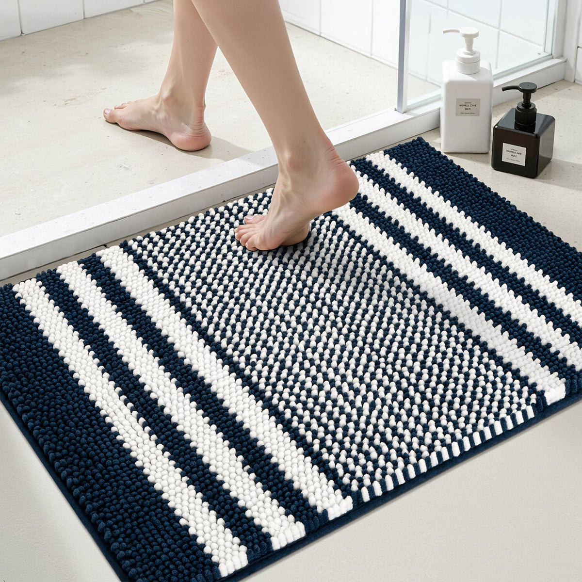 BSICPRO Large Chenille Bathroom Rugs Runner, 20x47 Striped Bath Mats, Beige