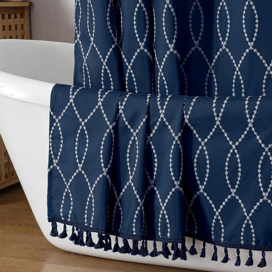 OVZME Navy Blue Shower Curtain for Bathroom, Puff Printed Textured Shower Curtain with Tassels, Rustic Geometry Heavy Duty Vintage Country Bathroom Curtain, Water Resistant Fabric, 72Wx72L Inches